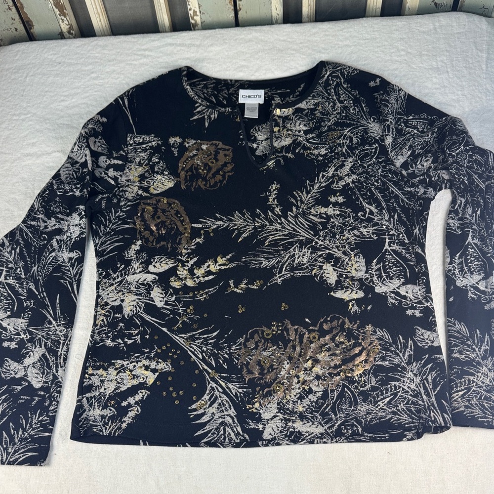 Chico's Black Long Sleeve Floral Print Top with Metallic Accents